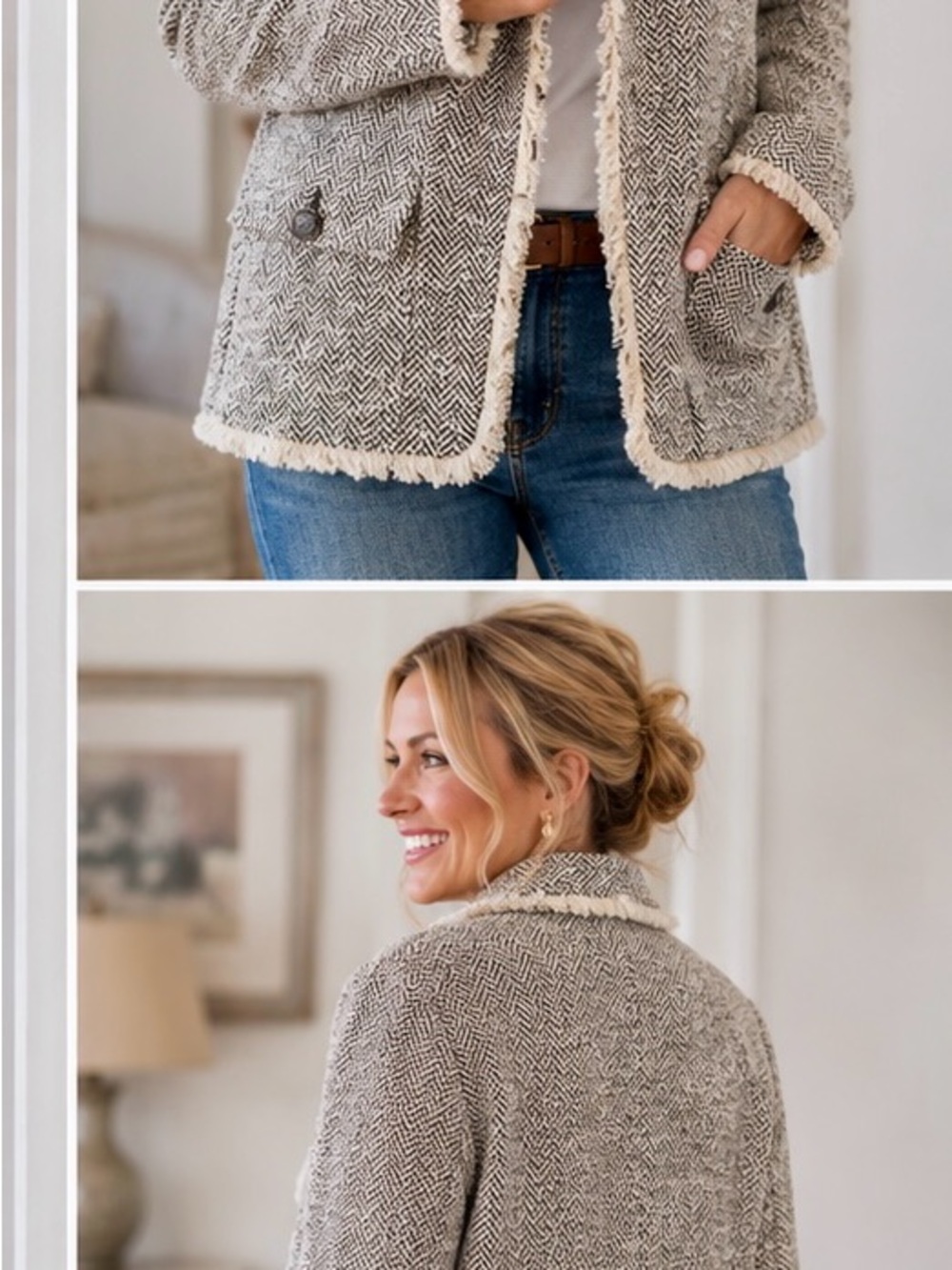 Cozy Herringbone Sherpa-Trim Jacket - Gray/Cream